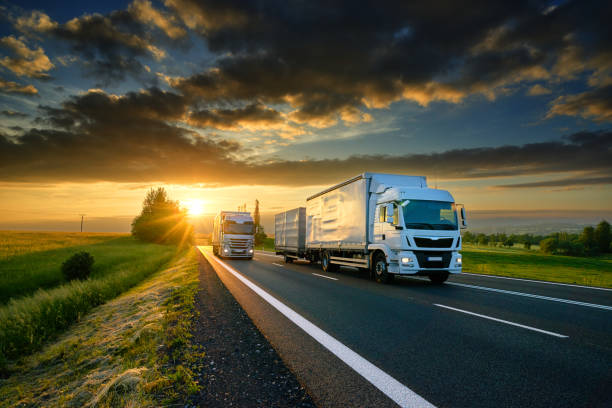 Prepmax Logistics freight trucks on a highway at sunset